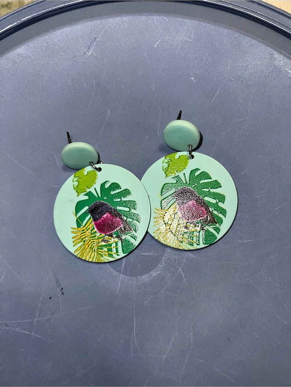 Bird & Tropical Leaf Drop Earrings in Green & Pink